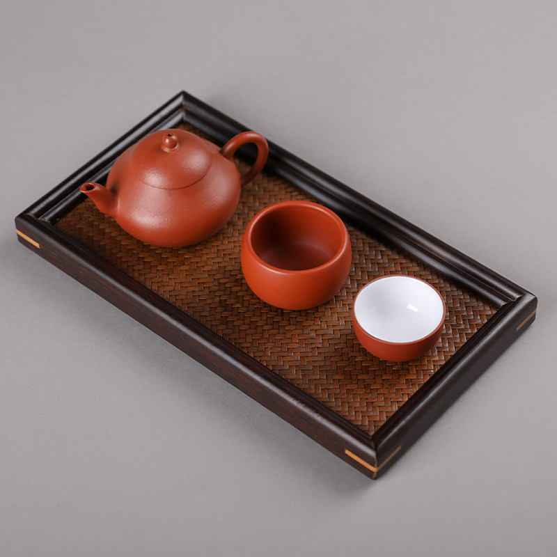 竹席面干泡茶盘杯垫黑檀木竹制托盘收纳隔热壶承中式功夫茶配件