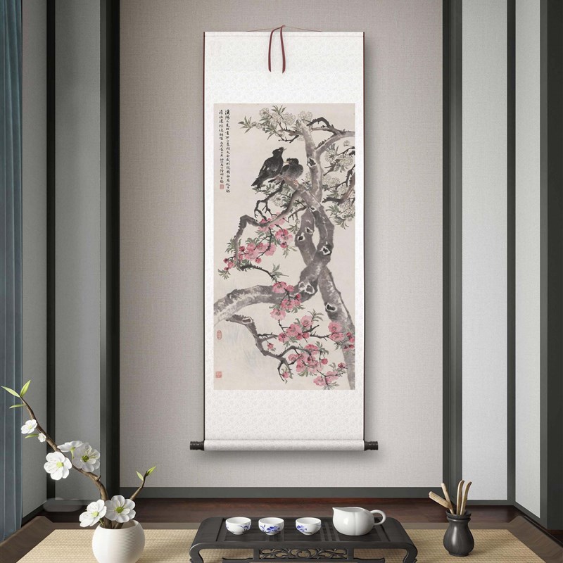 陆抑非《梨花百哥》客厅书房茶室装饰画挂画玄关水墨高清卷轴字画