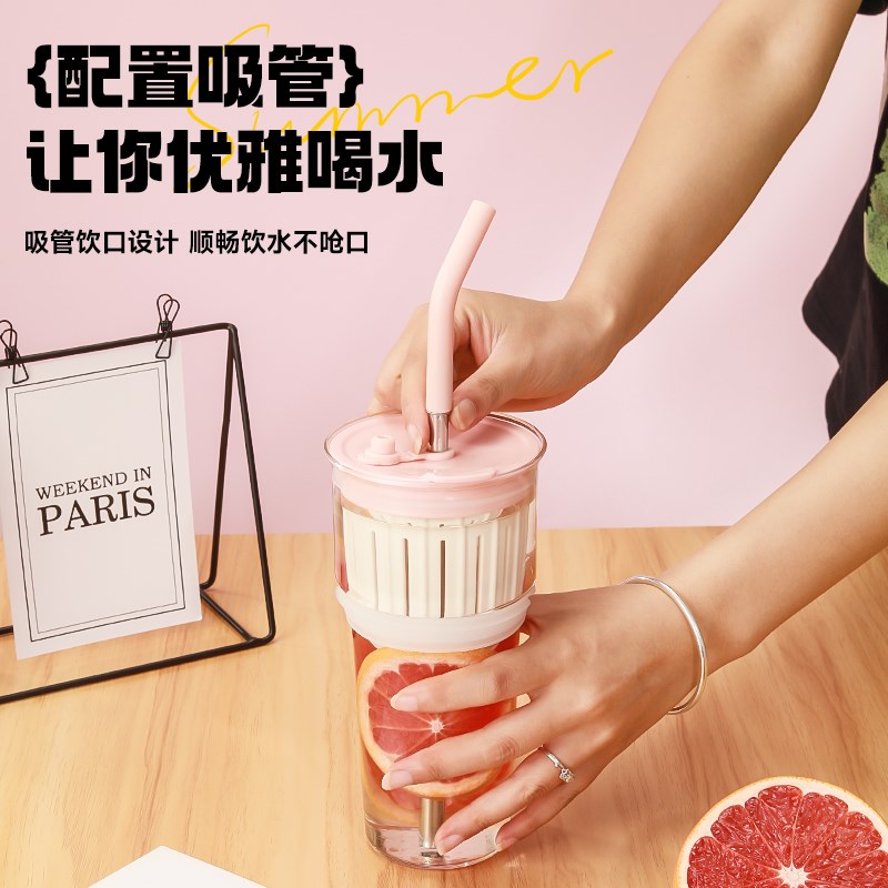 夏季吸管水杯女高颜值玻璃奶茶咖啡杯不锈钢双层大容量保温杯女