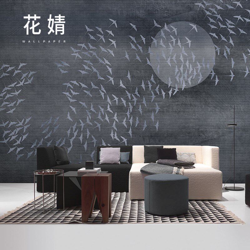 新中式千鸟背景墙壁纸壁画卧室墙纸无纺布定制日式餐厅影视墙壁布