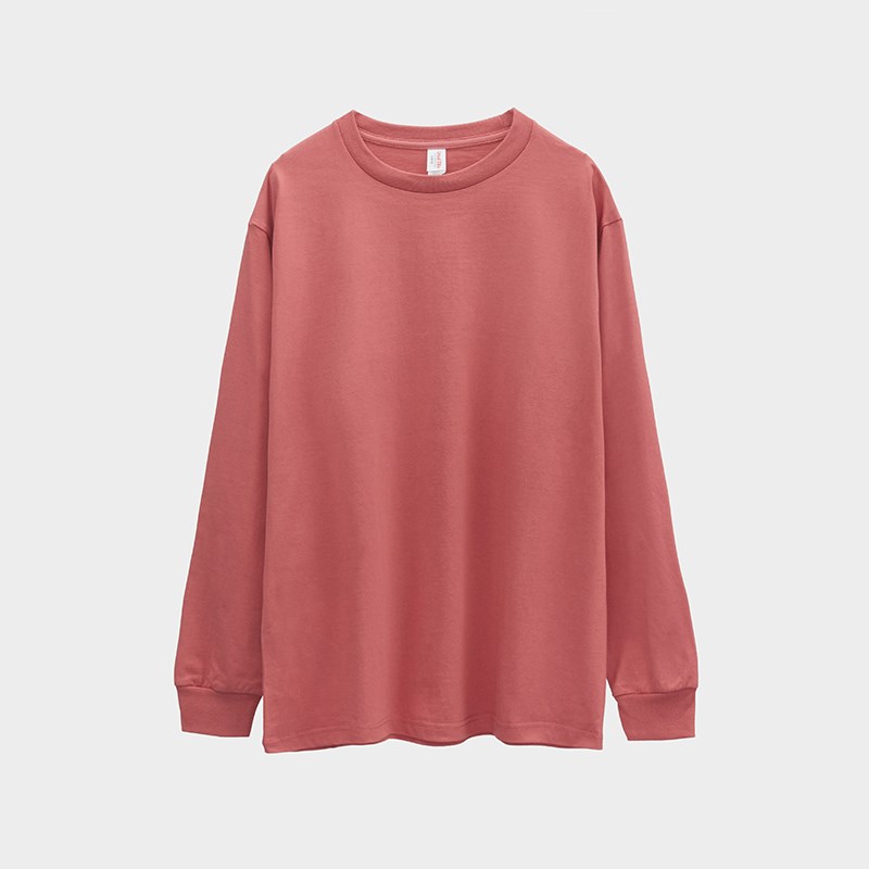 酒红色枣红全棉重磅250g圆领长袖T恤男女打底衫厚实宽松内搭T