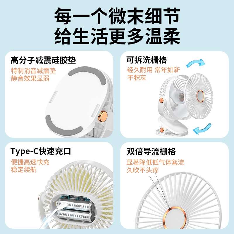 速发随身携带小风扇夹式学生宿舍牀上夜灯夹扇办公室小型桌面充电图片