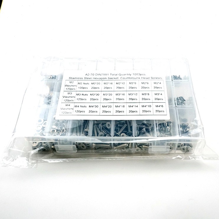 甄选1080pcs M2 M3 M4 不锈钢304 沉内六角螺丝配螺母平垫组合套