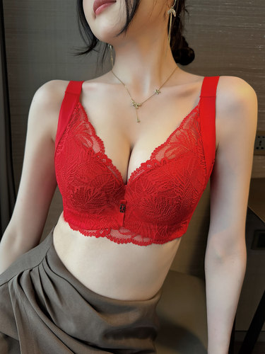 红色新年喜庆大码聚拢内衣女调整型软钢圈M防下垂收副乳防外扩文
