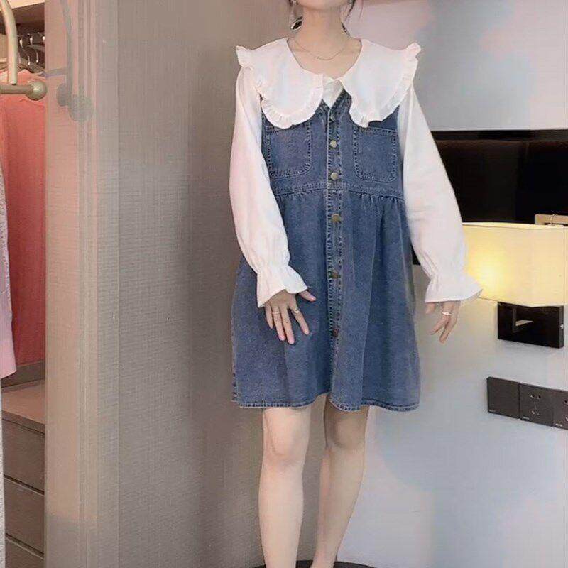 孕tMkGP1nI妇春夏套牛仔套背带字马甲衬衣上班两件网红小裙个装子