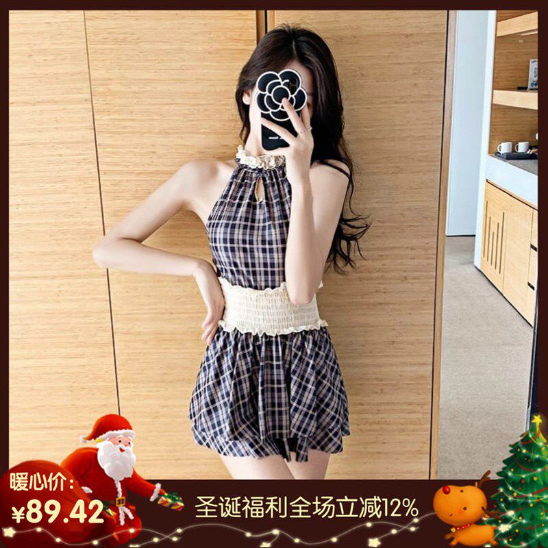新款韩版ins风少女格子小v胸保守连体裙式平角泳衣女夏显瘦泡温泉