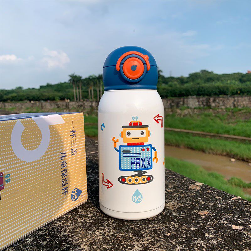直饮儿童保温杯学生水杯带杯套弹盖吸管两用便携防X漏卡通不锈钢