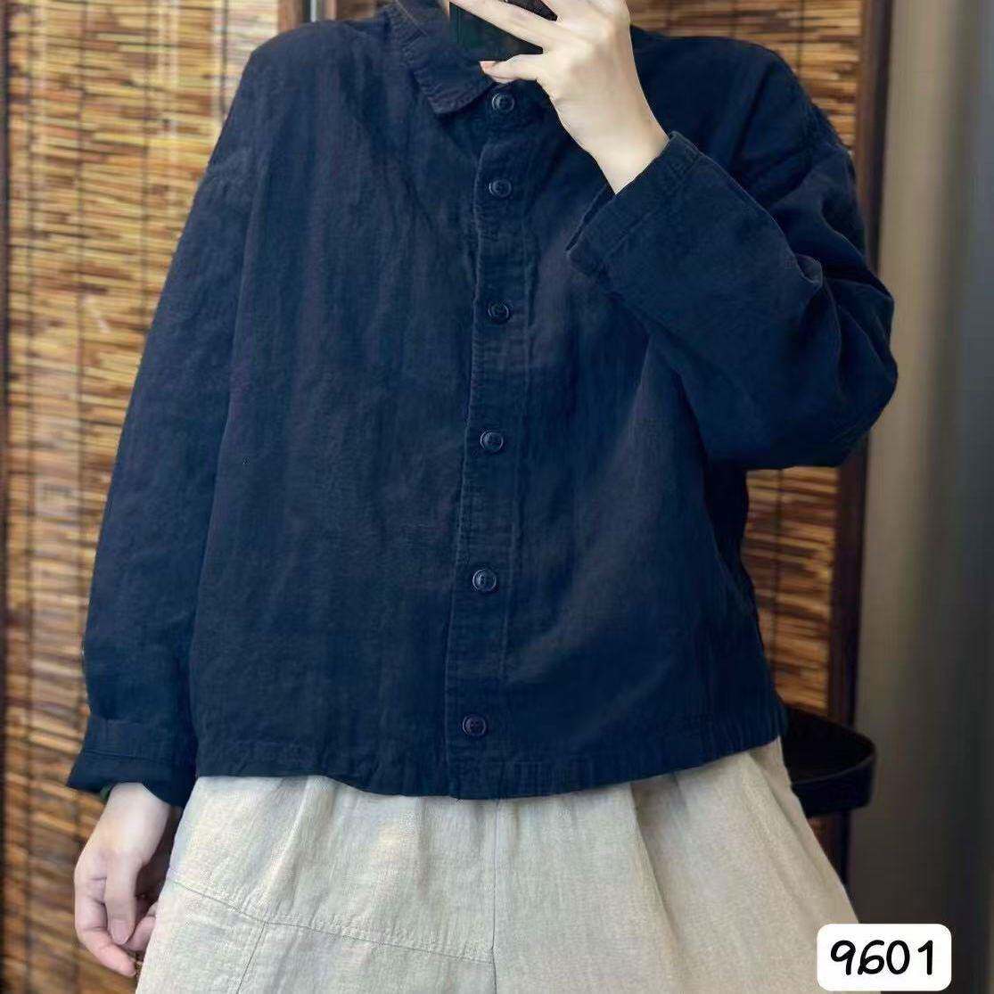 秋季款高品双层长袖9601衬女士带里衬百搭宽松质纯衫新亚麻日常款