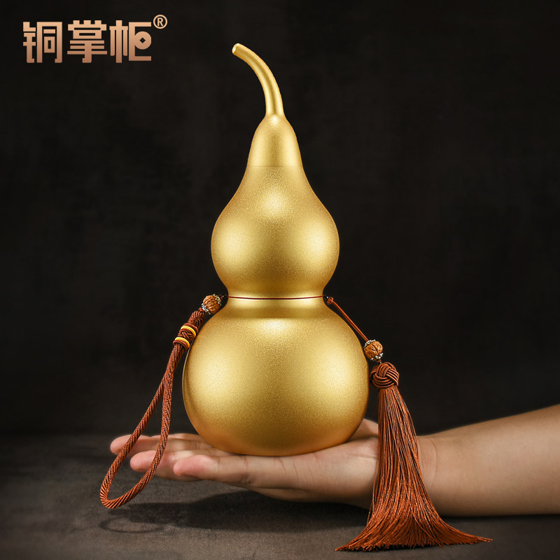 铜葫芦摆件纯黄铜葫芦开口空心磨B砂金色葫芦大号客厅玄关卧室装