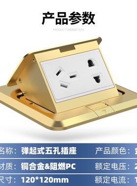 天正电气隐藏式地插座TD-801家用办公全铜防水5五孔开关插板金色