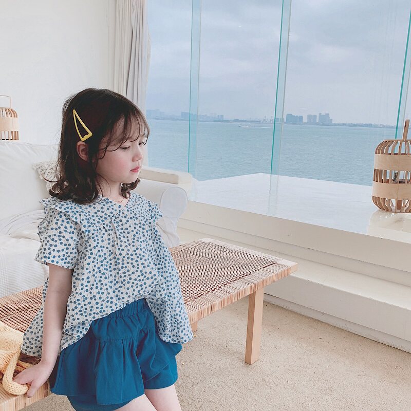 夏装新款儿童装小清新森系棉麻小碎花V领女宝宝短袖T恤娃娃衫