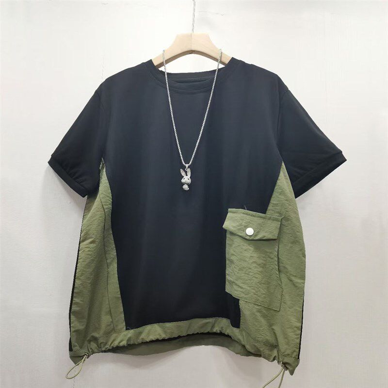 夏季新款小众设计感撞色口袋拼接套头卫衣抽绳显瘦短袖T恤女上衣