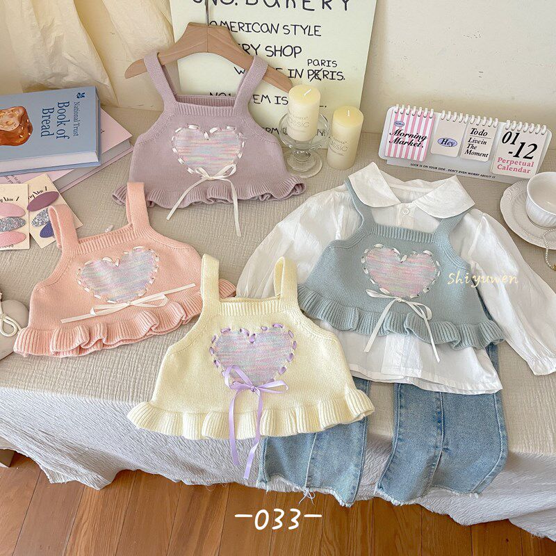 女童甜美吊带毛衣马甲2024春秋新款爱心女宝宝针织坎肩背心外搭潮