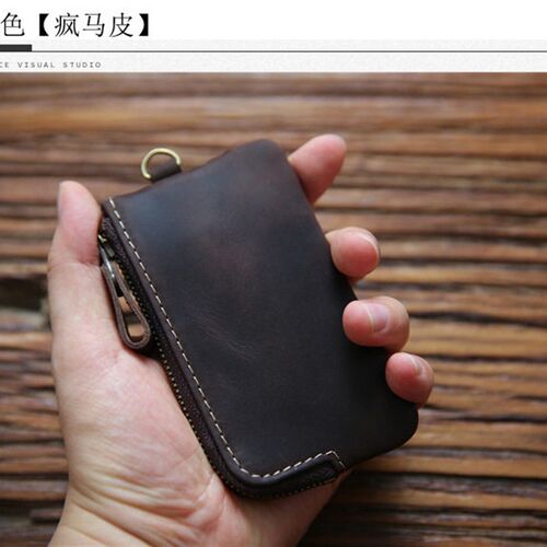 男士短款真牛皮拉链小钱包疯马皮零钱包头层复古钥匙包男式锁匙包