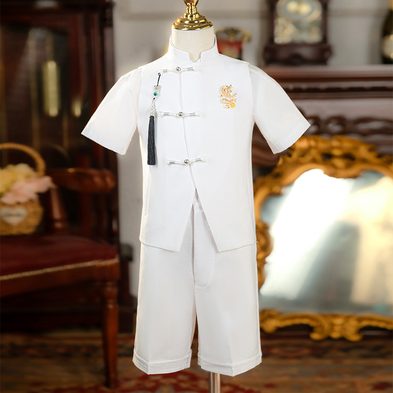男童西装中式儿童马甲套装国风礼服夏季衬衫短袖裤主持人生日白色