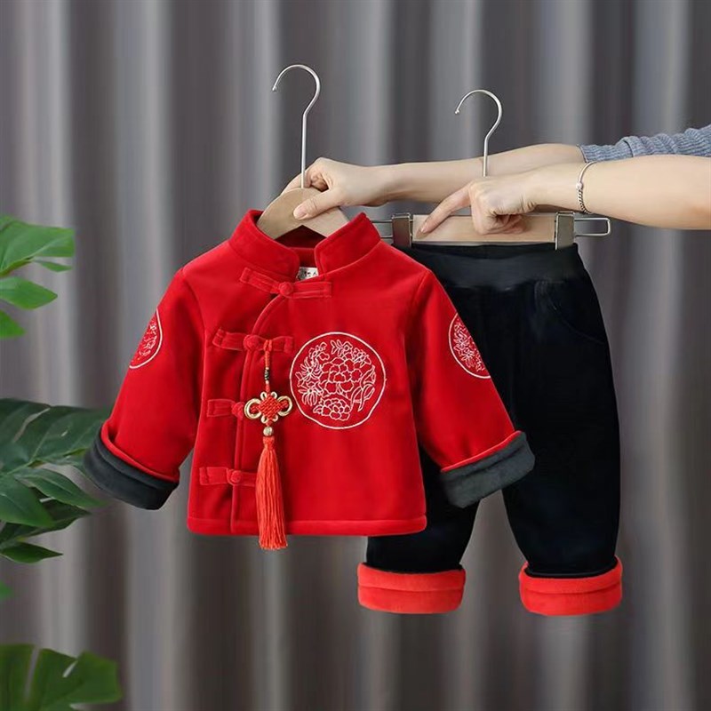 宝宝拜年服男儿套装冬加绒厚两件套新年套装汉服女童中式周岁礼服