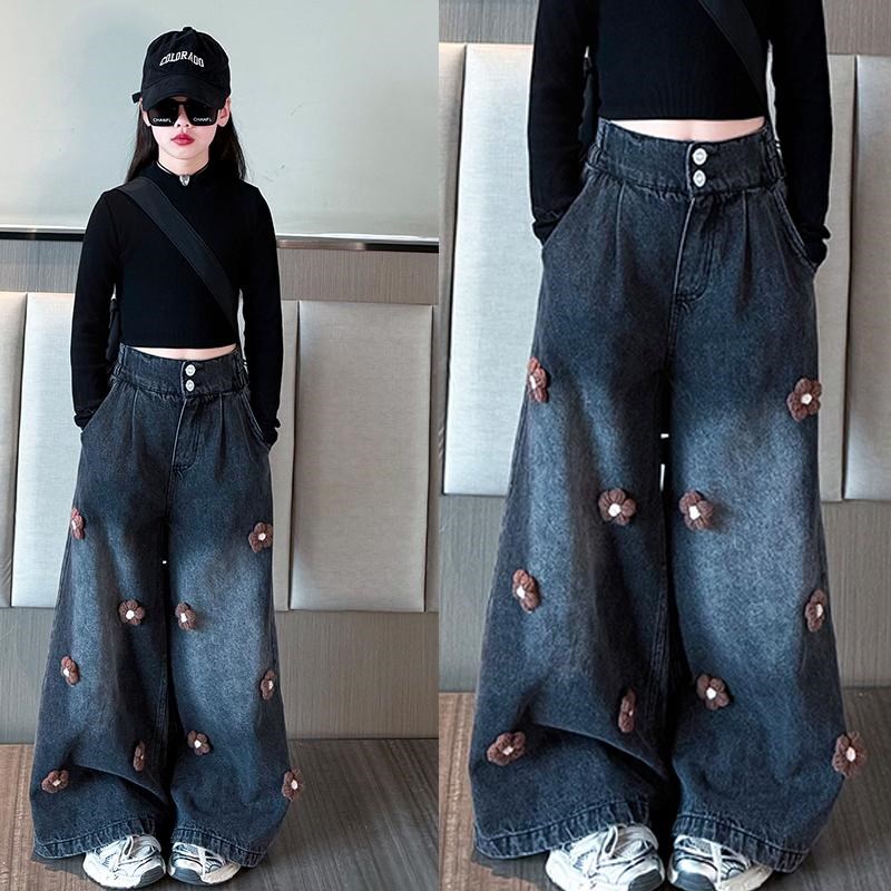 甜辣少女玫瑰花牛仔裤女童春季设计感小众高腰垂感阔腿裤直筒裤子