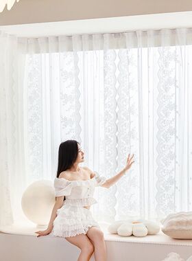 魔术贴窗帘半遮光阳台纱帘短款自粘式简易白色纱幔免X打孔安装窗