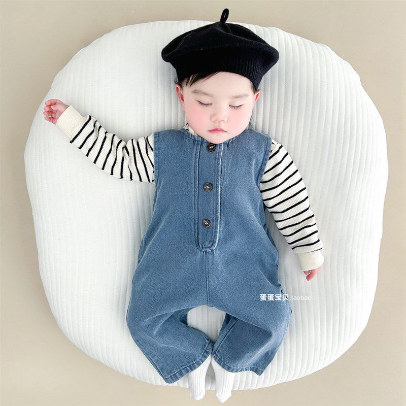 婴儿春装男女宝宝衣服超萌洋气连体牛仔背带裤两件套装一岁春秋季