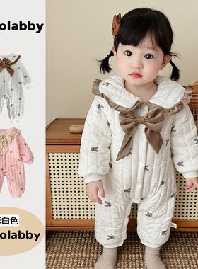 韩版婴儿衣服秋冬装女宝宝夹棉加绒棉衣连体衣公主外套爬服包屁衣