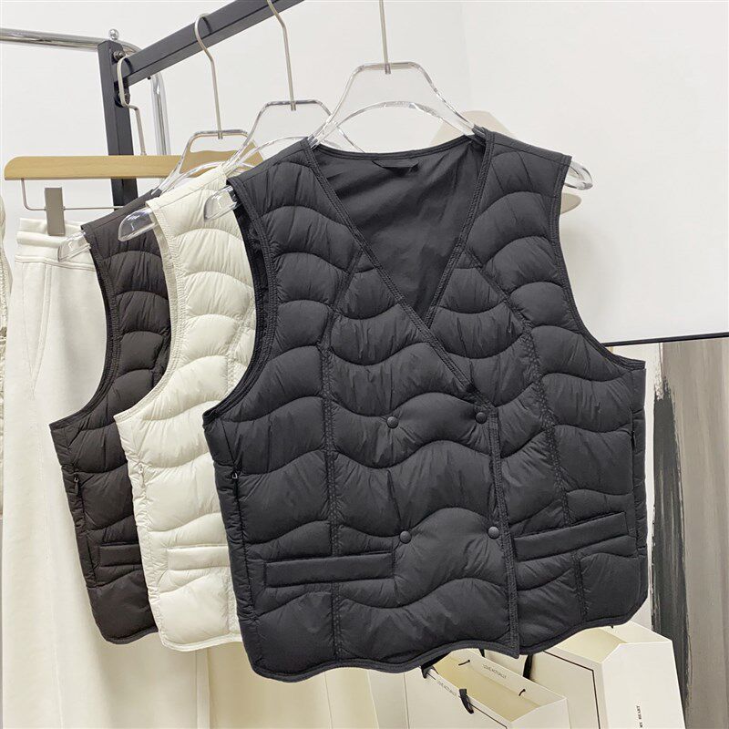短款羽绒马甲女秋冬 大衣内搭双排扣V领内穿马夹背心无领轻薄外穿