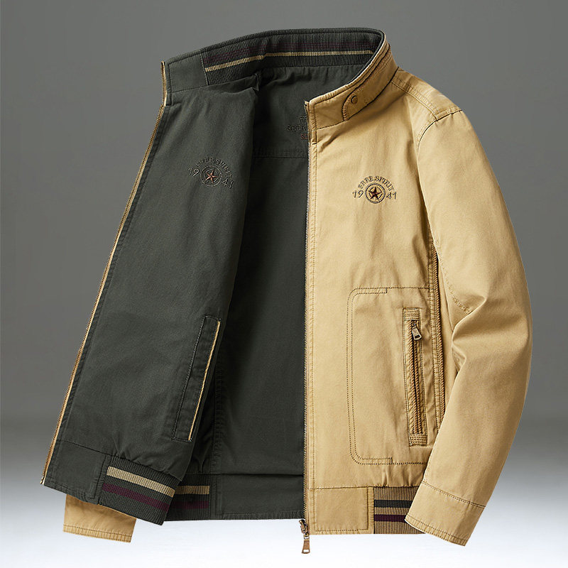 正反两穿外套男春秋款纯棉休闲宽松大码立领夹克男士薄款春装上衣