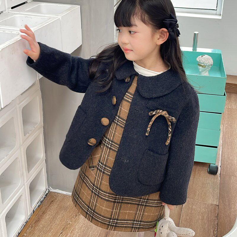 童装双面羊绒大衣女童2024秋冬女孩羊毛呢子外套背心连衣裙两件套