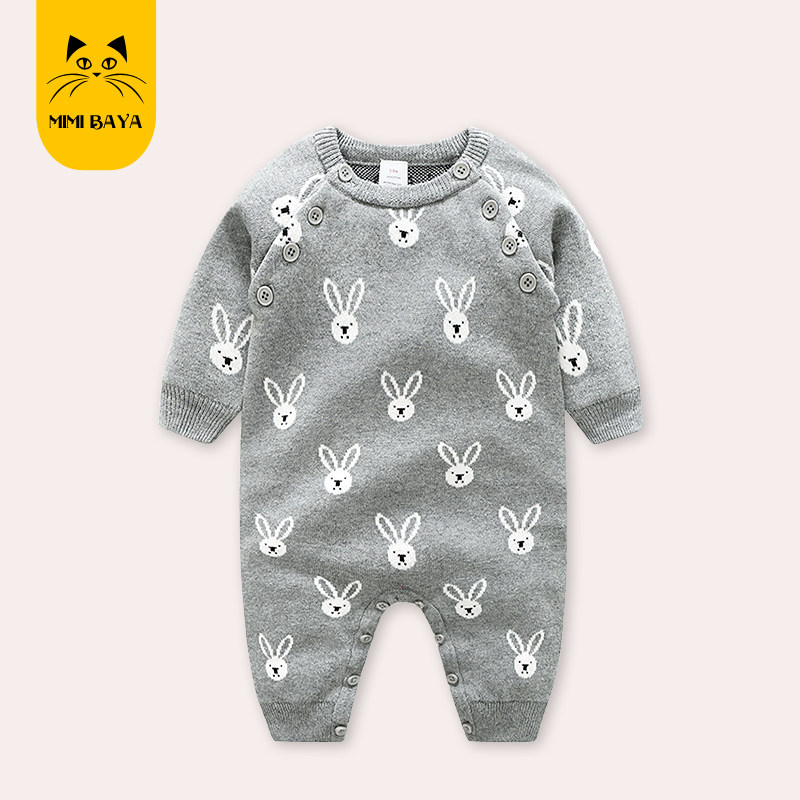 春秋款纯棉网红婴幼儿针织毛衣婴儿哈衣秋冬0-1.5岁外出爬服双层