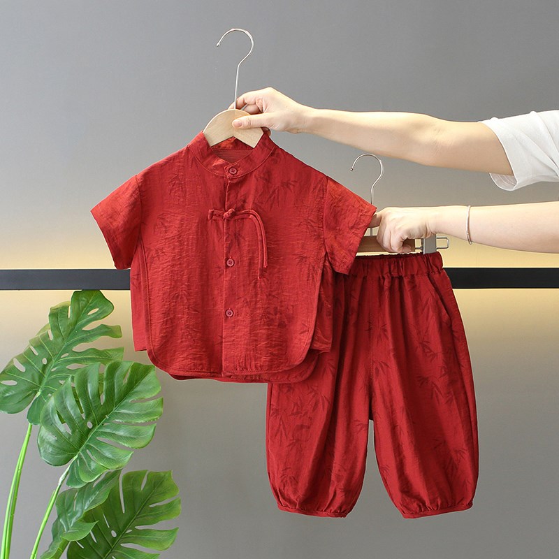 男童新中式汉服短袖套装宝宝国风周岁礼服薄款幼儿园端午节表演服