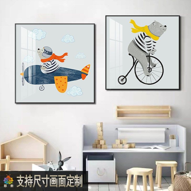 男孩房间卡d通动物挂画卧室床头正方形壁画现代儿童房墙面的装饰