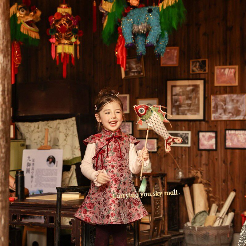 女童拜年服新中式国风连衣裙秋冬儿童唐装旗袍裙宝宝周岁新年礼服