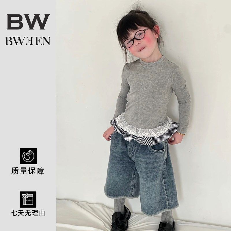 女童春装套装2025新款洋气设计感拼接花边长袖T恤儿童牛仔七分裤