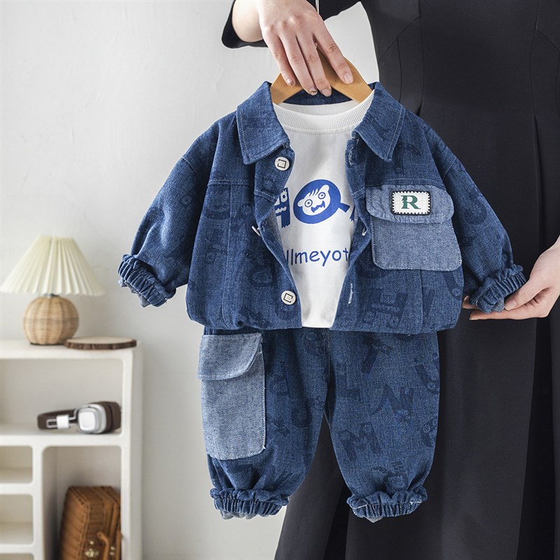 童装男童春季牛仔套装宝宝春秋酷帅三件套小童春款洋气外穿衣服潮