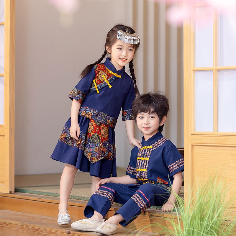 儿童唐装三月三民族服装男童汉服夏季薄款女童少数民族广西演出服图片