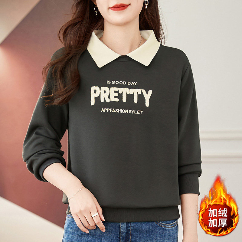 有领卫衣女加绒加厚2024新款秋冬爆款显瘦正肩假两件上衣时尚洋气