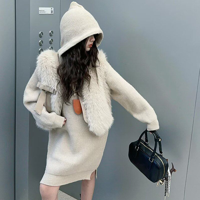 女童洋气针织裙子女孩连帽毛衣连衣裙气质皮草马甲毛绒背心秋冬季