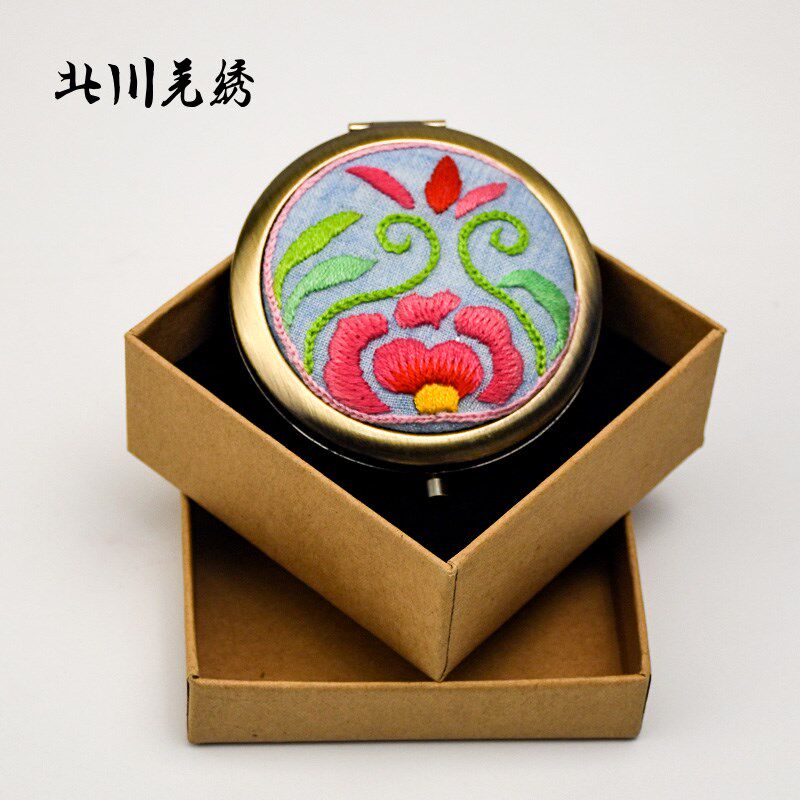 羌绣传统刺绣化妆镜 布艺手工小镜V子随身折叠镜