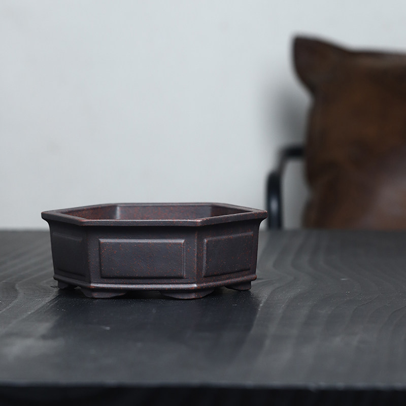 精品六方紫砂花盆古红泥手工块面竹类小桩盆景菖蒲多肉植物桌面盆