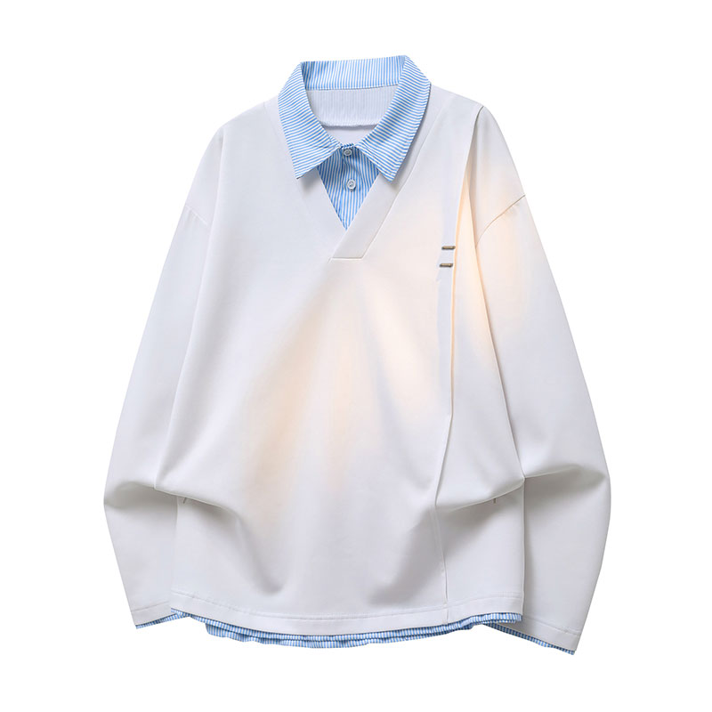 假两件polo衫男潮牌拼接男装春秋季痞帅宽松长袖t恤休闲男士卫衣