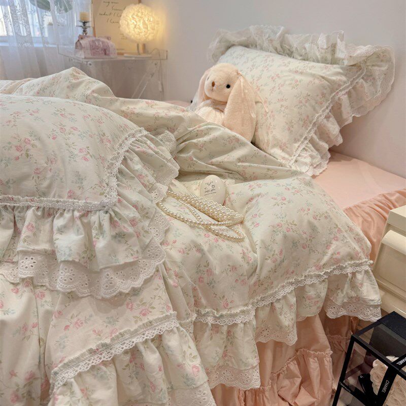 仙女款荷叶边全棉四件套q公主风少女被套粉色少女1.5m1.8床品