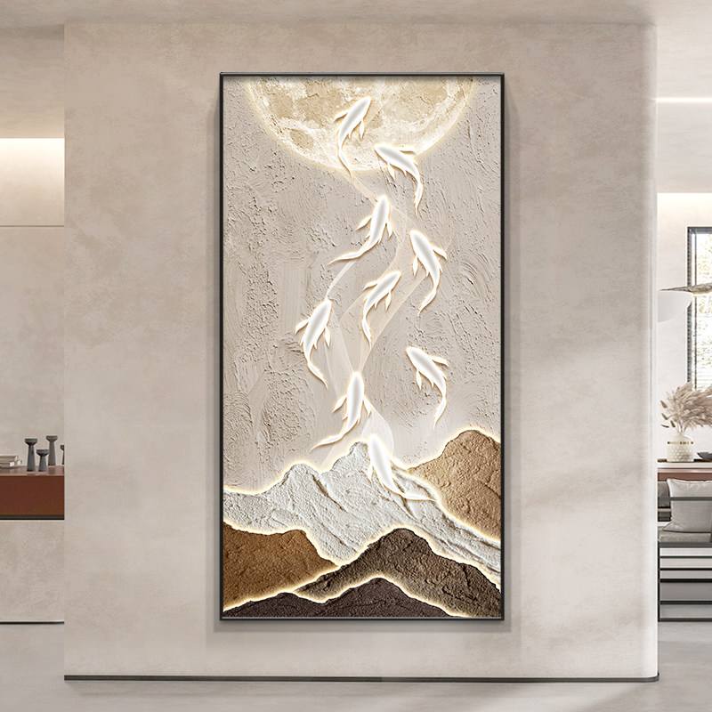 侘寂风九鱼图入户正对门玄关装饰画竖版走廊过道T挂画现代简约壁