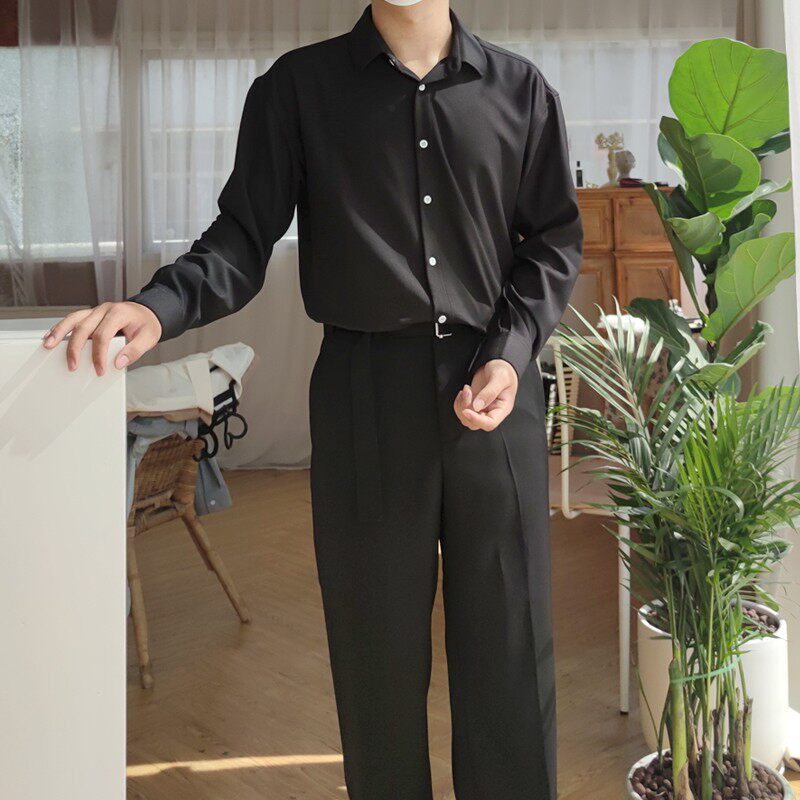 秋冬抗褶皱免熨烫宽松男长袖衬衫雪纺仿棉质感柔软垂坠Z高级浅蓝