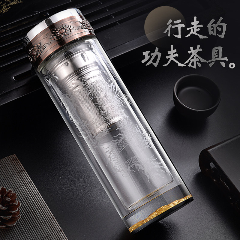 龙杯双层玻璃杯加厚透明泡茶杯男高档水晶水杯子定制S刻字印字log