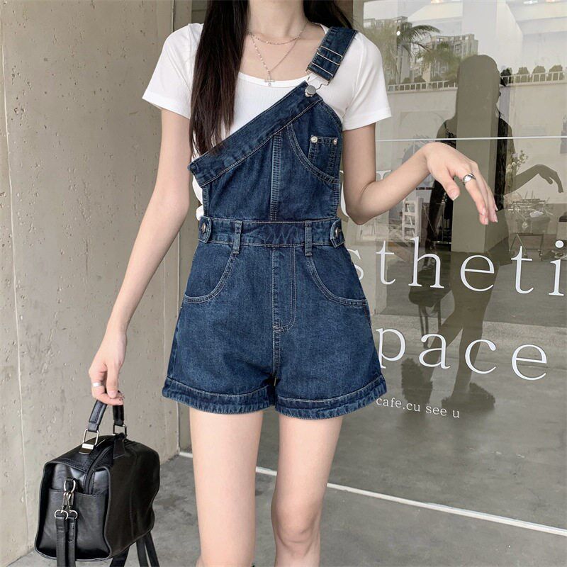 大码胖mm设计感单肩背带牛仔裤女2025夏季新款宽松韩版显瘦减龄