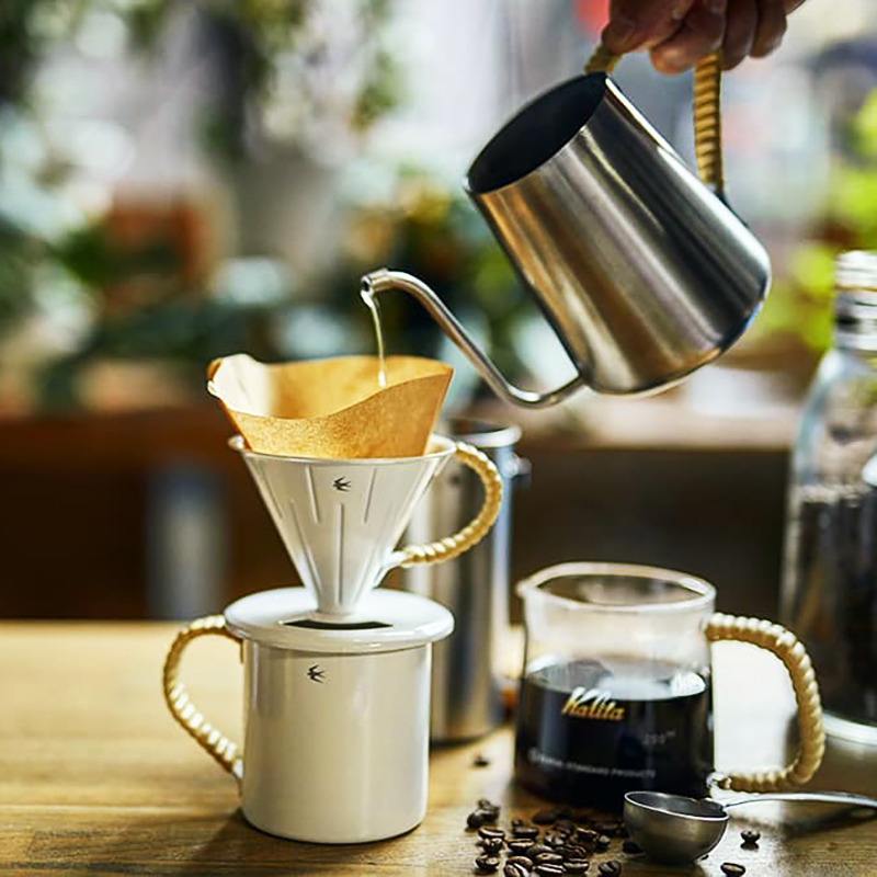 日本GSP燕印 搪瓷滴漏咖啡过滤器V60手冲滤杯 藤编手冲咖啡壶套装