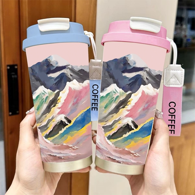 油画山景保温杯女高颜值大容量咖啡杯子办公室2025新款ins风水杯