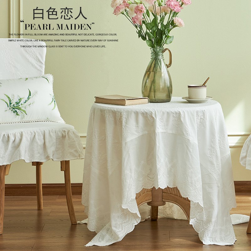 白色蕾丝b圆桌布纯色网红高级感桌布茶几布防水防油免洗长方形