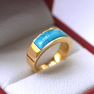 韩版黄金色绿松石戒指男潮个性复古宝石食指戒子时尚绅士男女首饰