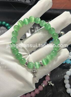酱千岁白粉猫眼石十字架银珠手链字母圆球水晶手串小清新女饰品
