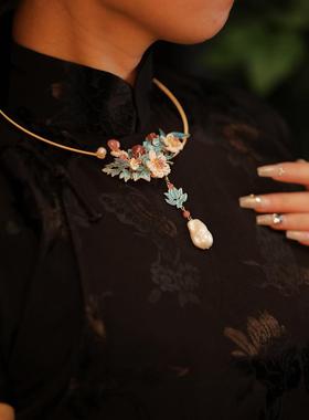 古风璎珞项圈汉服配饰项炼气质名媛新中式锁骨炼烧蓝色的花朵脖子